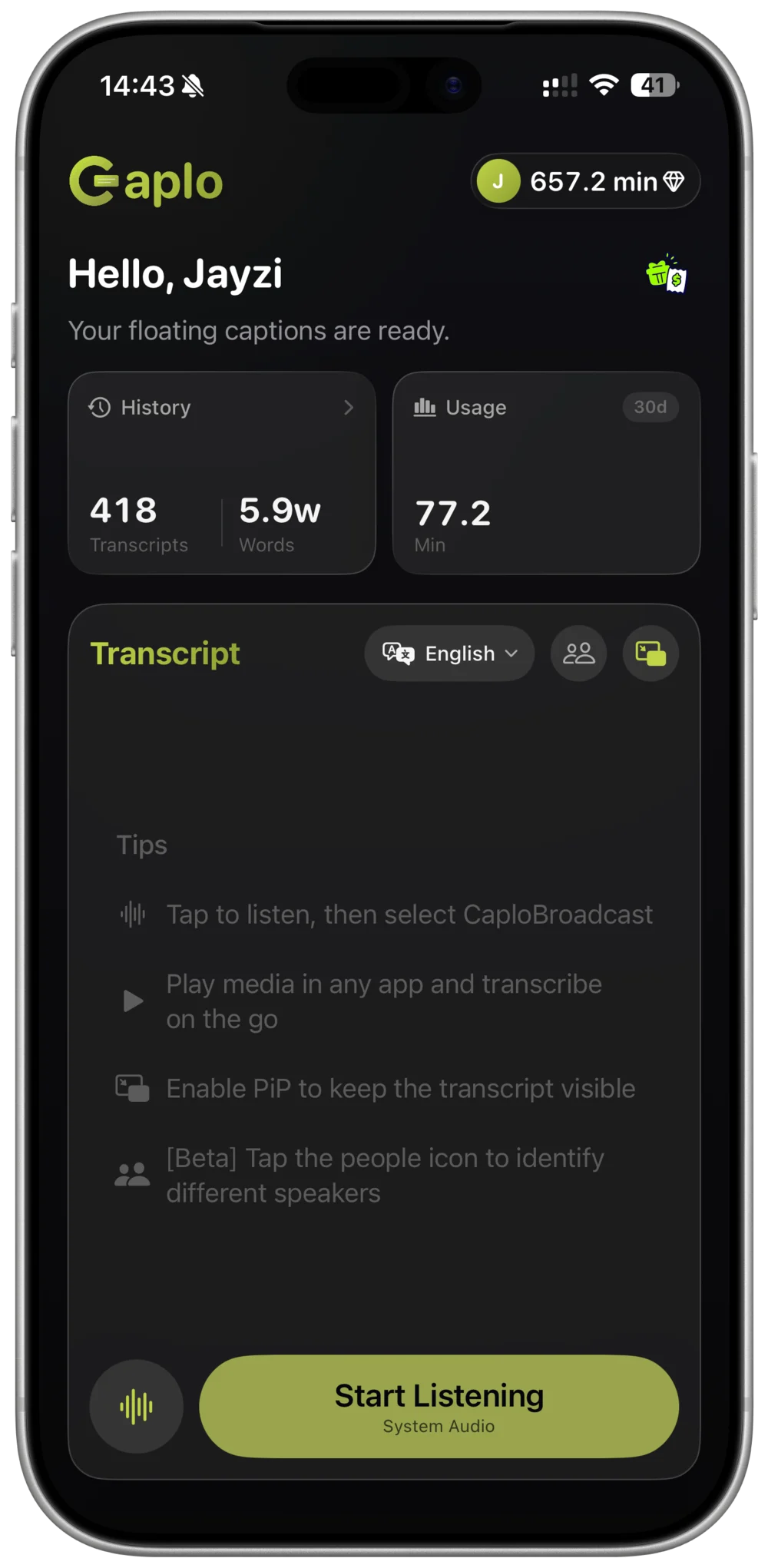 Caplo showing live translated captions on iPhone